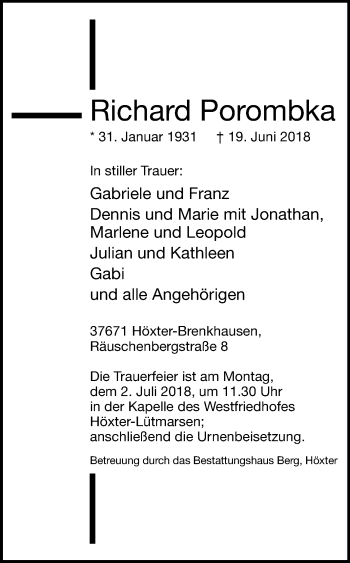 Traueranzeige von Richard Porombka von Westfalen-Blatt