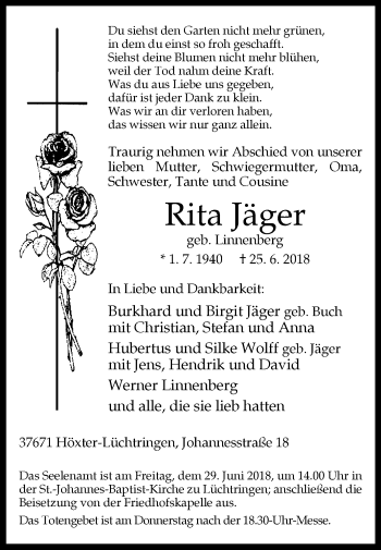 Traueranzeige von Rita Jäger von Westfalen-Blatt