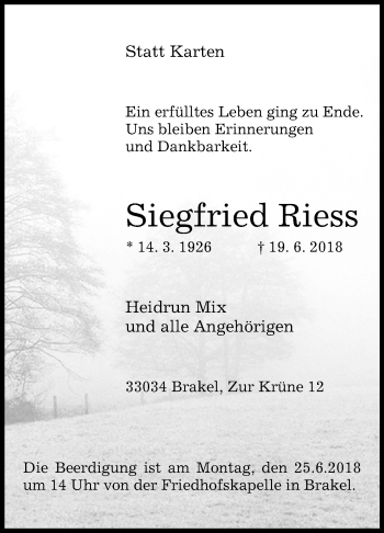 Traueranzeige von Siegfried Riess von Westfalen-Blatt