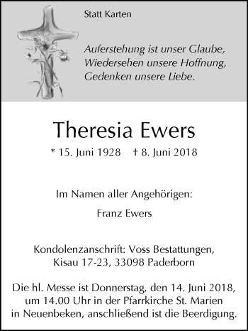 Traueranzeige von Theresia Ewers von Westfalen-Blatt