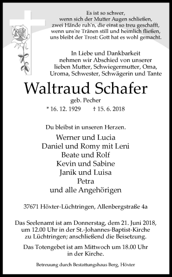 Traueranzeige von Waltraud Schafer von Westfalen-Blatt