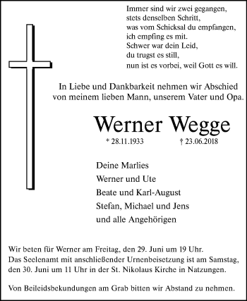 Traueranzeige von Werner Wegge von Westfalen-Blatt