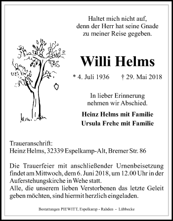 Traueranzeige von Willi Helms von Westfalen-Blatt