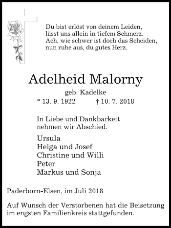 Traueranzeige von Adelheid Malorny von Westfalen-Blatt