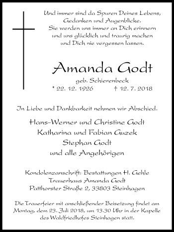 Traueranzeige von Amanda Godt von Westfalen-Blatt