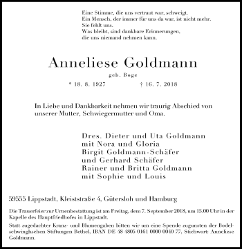 Traueranzeige von Anneliese Goldmann von Westfalen-Blatt