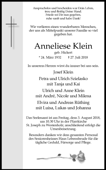 Traueranzeige von Anneliese Klein von Westfalen-Blatt