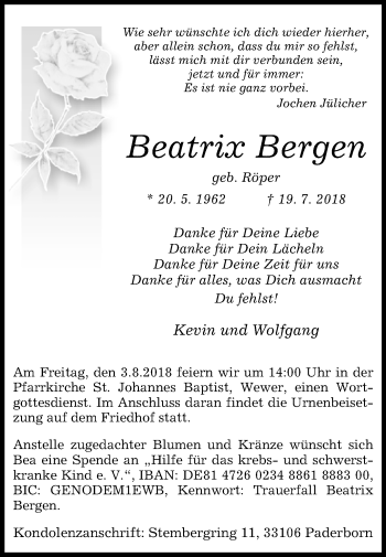 Traueranzeige von Beatrix Bergen von Westfalen-Blatt