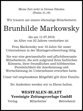 Traueranzeige von Brunhilde Markowsky von Westfalen-Blatt