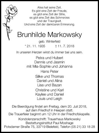 Traueranzeige von Brunhilde Markowsky von Westfalen-Blatt