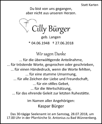 Traueranzeige von Cilly Burger von Westfalen-Blatt