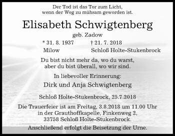 Traueranzeige von Elisabeth Schwigtenberg von Westfalen-Blatt