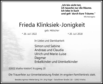 Traueranzeige von Frieda Klinksiek-Jonigkeit von Westfalen-Blatt