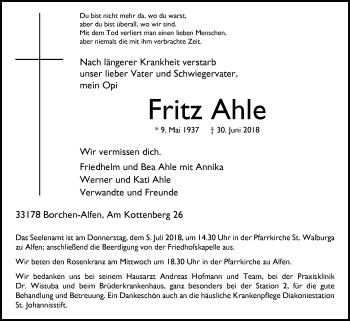 Traueranzeige von Fritz Ahle von Westfalen-Blatt