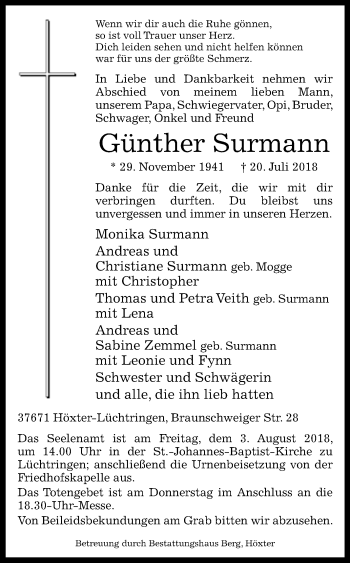 Traueranzeige von Günther Surmann von Westfalen-Blatt