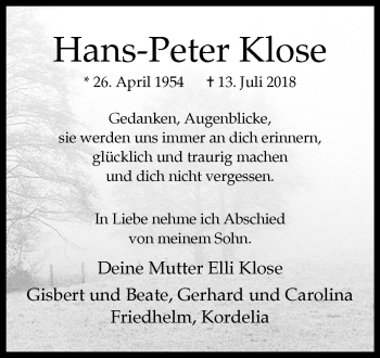 Traueranzeige von Hans-Peter Klose von Westfalen-Blatt