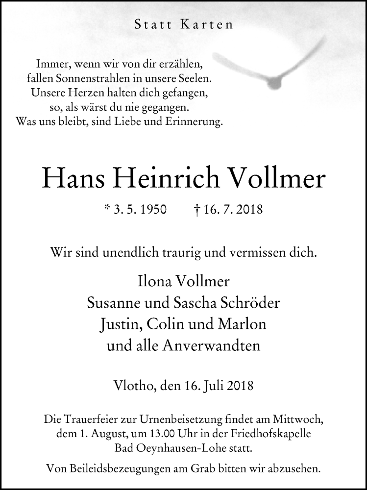  Traueranzeige für Hans Heinrich Vollmer vom 28.07.2018 aus Westfalen-Blatt