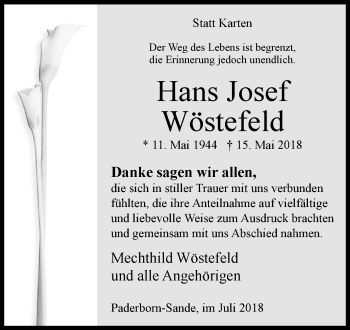 Traueranzeige von Hans Josef Wöstefeld von Westfalen-Blatt