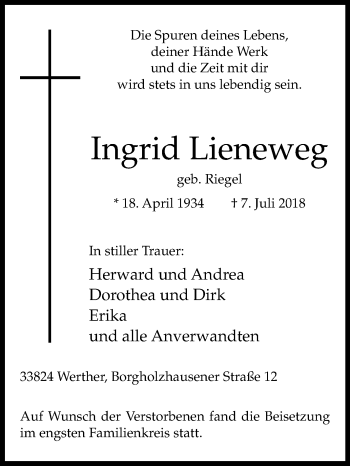 Traueranzeige von Ingrid Lieneweg von Westfalen-Blatt