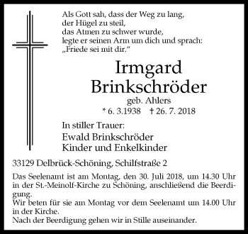 Traueranzeige von Irmgard Brinkschröder von Westfalen-Blatt