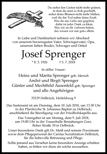 Traueranzeige von Josef Sprenger von Westfalen-Blatt