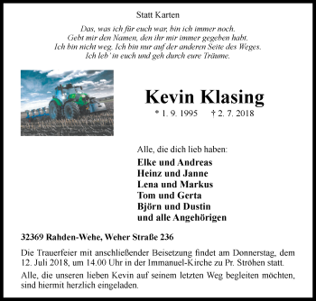 Traueranzeige von Kevin Klasing von Westfalen-Blatt