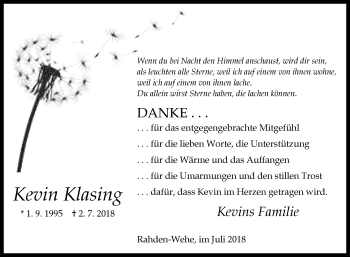 Traueranzeige von Kevin Klasing von Westfalen-Blatt