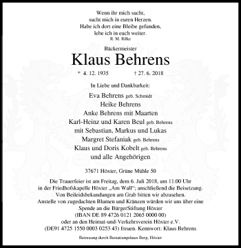 Traueranzeige von Klaus Behrens von Westfalen-Blatt