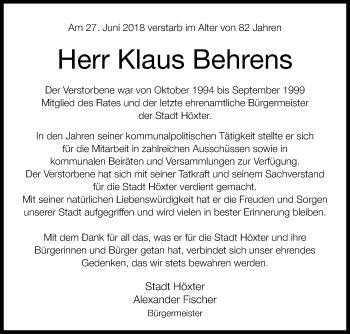 Traueranzeige von Klaus Behrens von Westfalen-Blatt