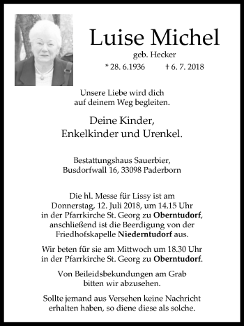 Traueranzeige von Luise Michel von Westfalen-Blatt