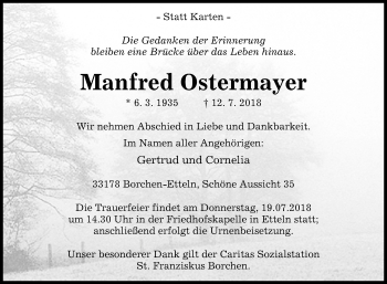 Traueranzeige von Manfred Ostermayer von Westfalen-Blatt