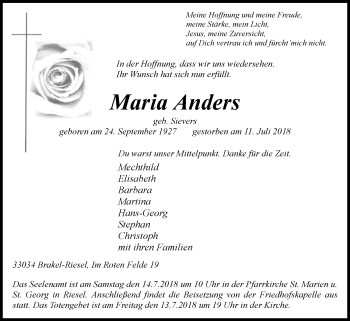 Traueranzeige von Maria Anders von Westfalen-Blatt