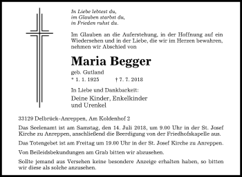 Traueranzeige von Maria Begger von Westfalen-Blatt