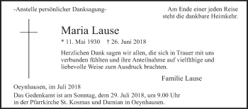 Traueranzeige von Maria Lause von Westfalen-Blatt