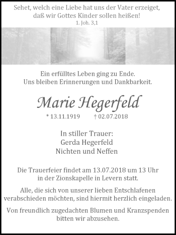 Traueranzeige von Marie Hegerfeld von Westfalen-Blatt