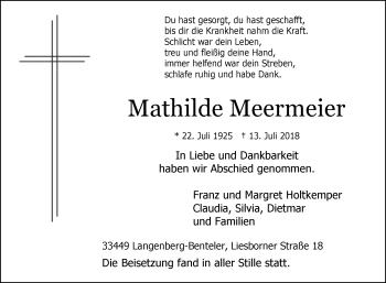 Traueranzeige von Mathilde Meermeier von Westfalen-Blatt