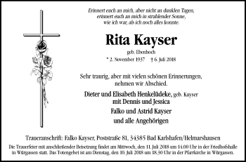 Traueranzeige von Rita Kayser von Westfalen-Blatt