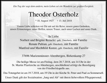 Traueranzeige von Theodor Osterholz von Westfalen-Blatt