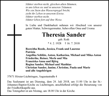 Traueranzeige von Theresia Sander von Westfalen-Blatt