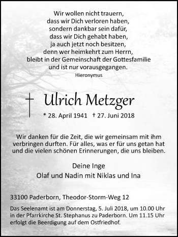 Traueranzeige von Ulrich Metzger von Westfalen-Blatt