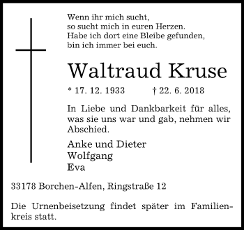 Traueranzeige von Waltraud Kruse von Westfalen-Blatt