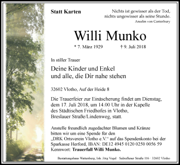 Traueranzeige von Willi Munko von Westfalen-Blatt