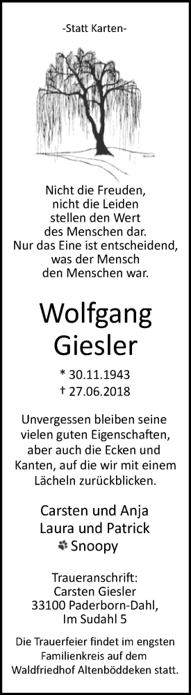 Traueranzeige von Wolfgang Giesler von Westfalen-Blatt