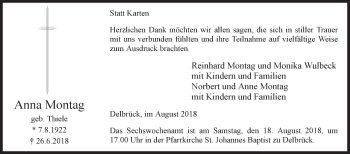 Traueranzeige von Anna Montag von Westfalen-Blatt