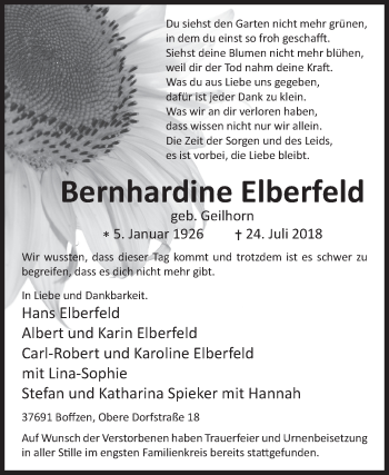 Traueranzeige von Bernhardine Elberfeld von Westfalen-Blatt