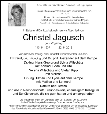 Traueranzeige von Christel Jagusch von Westfalen-Blatt