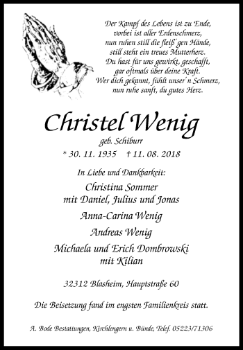 Traueranzeige von Christel Wenig von Westfalen-Blatt