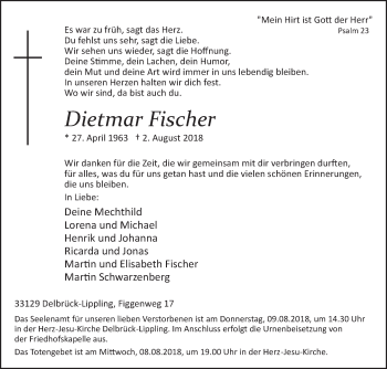 Traueranzeige von Dietmar Fischer von Westfalen-Blatt