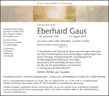 Traueranzeige von Eberhard Gaus von Westfalen-Blatt