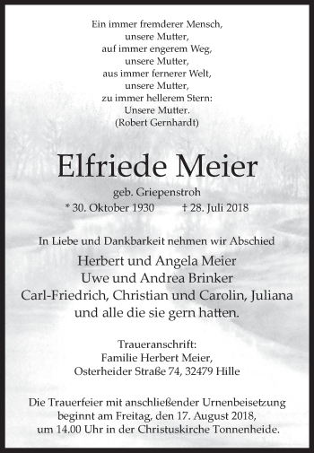 Traueranzeige von Elfriede Meier von Westfalen-Blatt